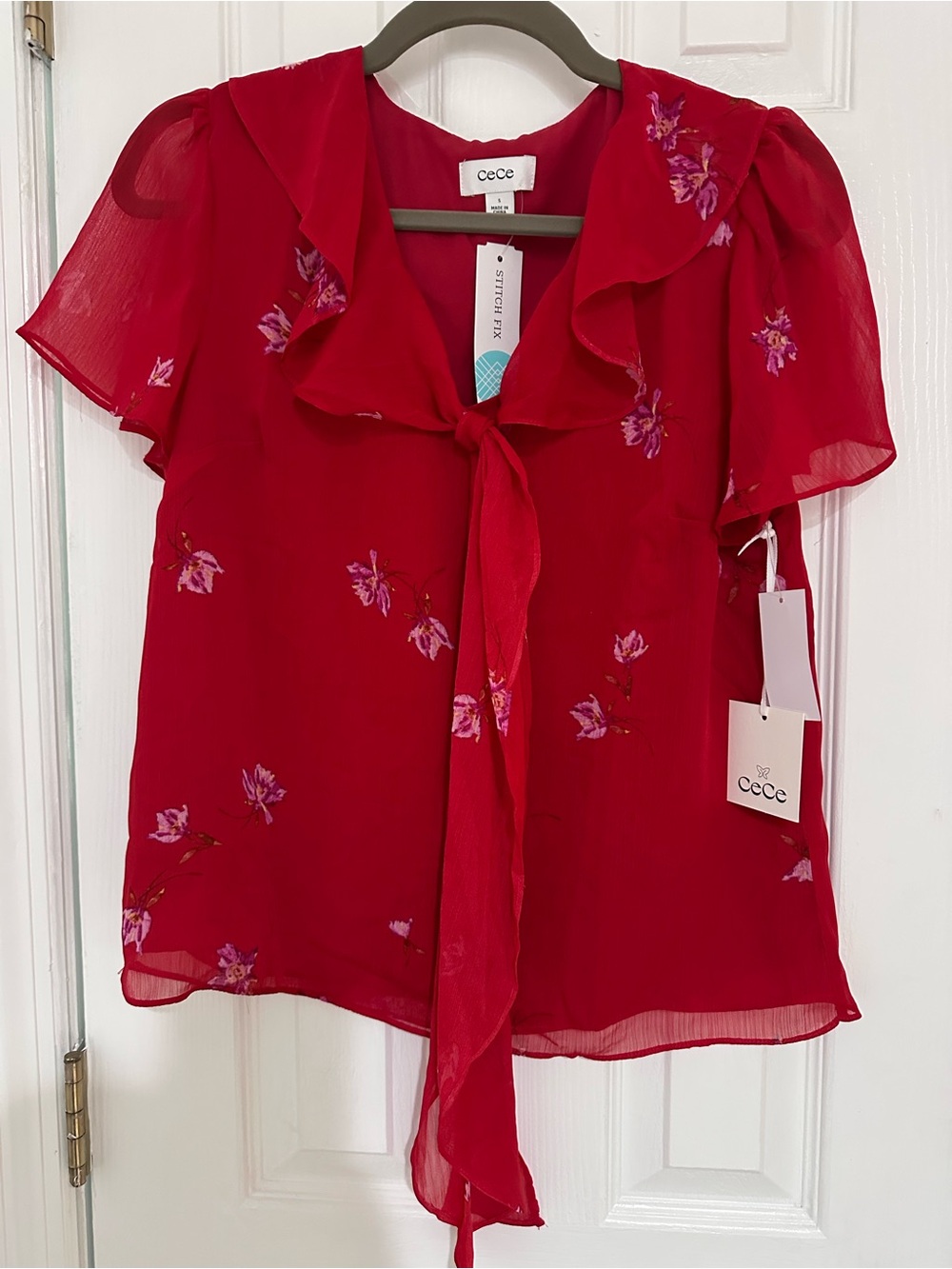 CeCe Red Floral Tie-Neck Ruffle Blouse